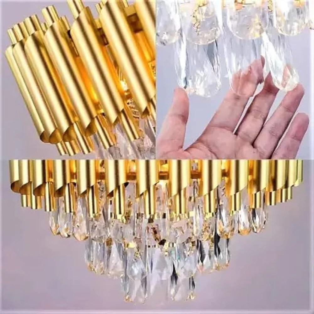 SHRI MAHAL ANTIQUES Gold Crystal Chandelier with LED, K9 Crystal Chandeliers for Home Decoration, Ceiling Light Fixture for Living Room Bedroom, Jhoomar for Home, Office, Hotels, Restaurants (300MM)