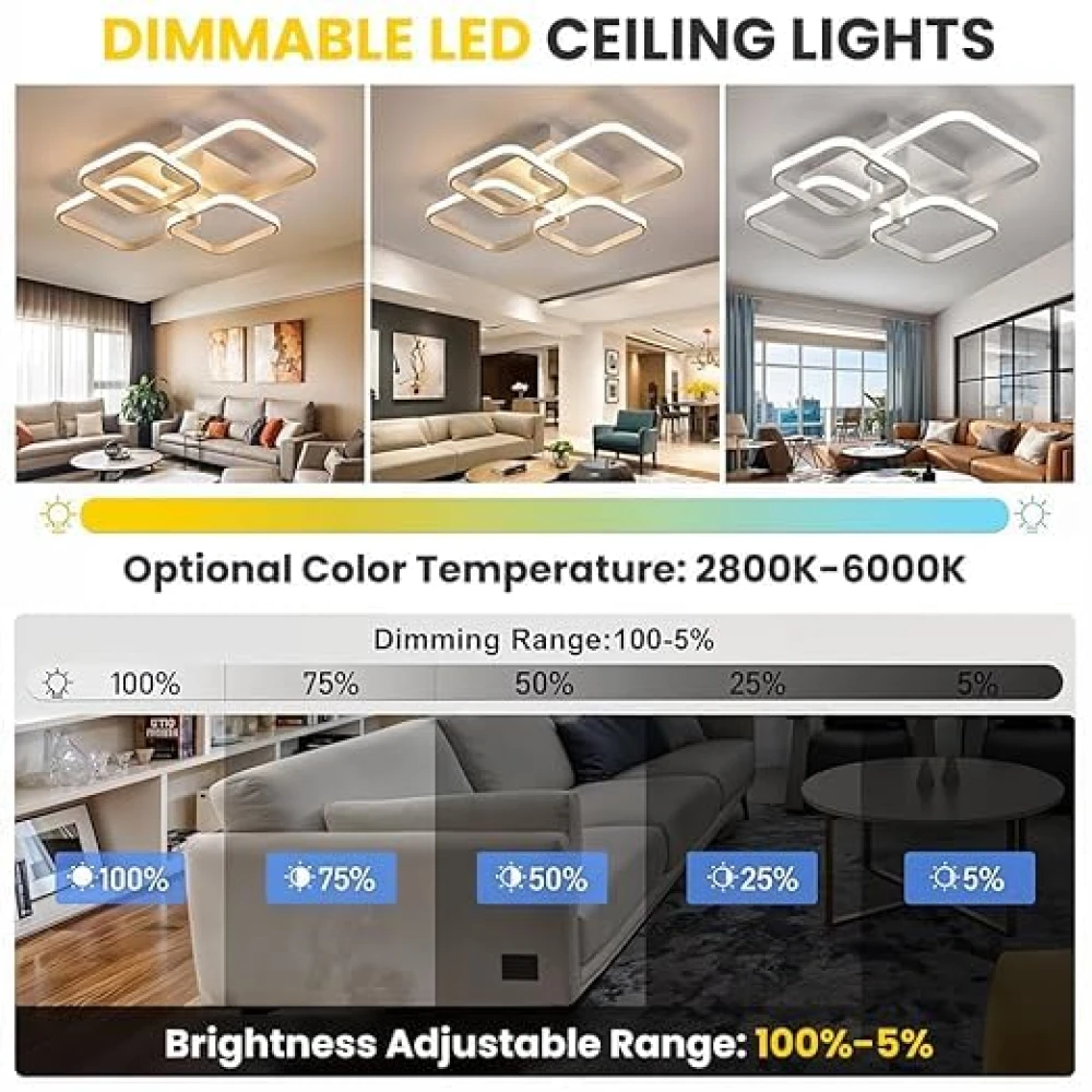 PRMOAGEN LED Ceiling Light with Remote Control, White Acrylic Modern 3-Color Ceiling Light Flush Mount for Living Room, Bedroom, 58x45x12cm