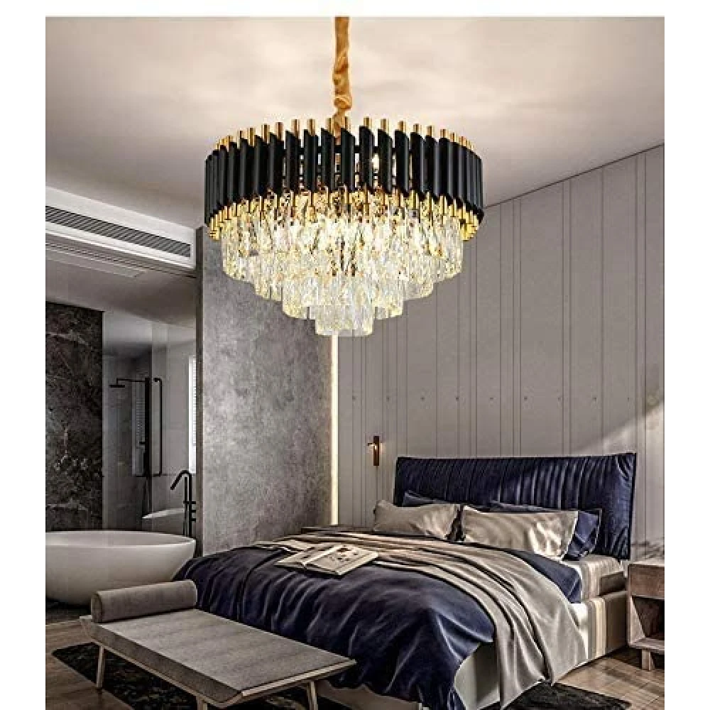 SHRI MAHAL ANTIQUES® 600mm Gold Black Tube Stainless Steel K9 Crystal Pendant Chandelier Ceiling Lights (Warm White)