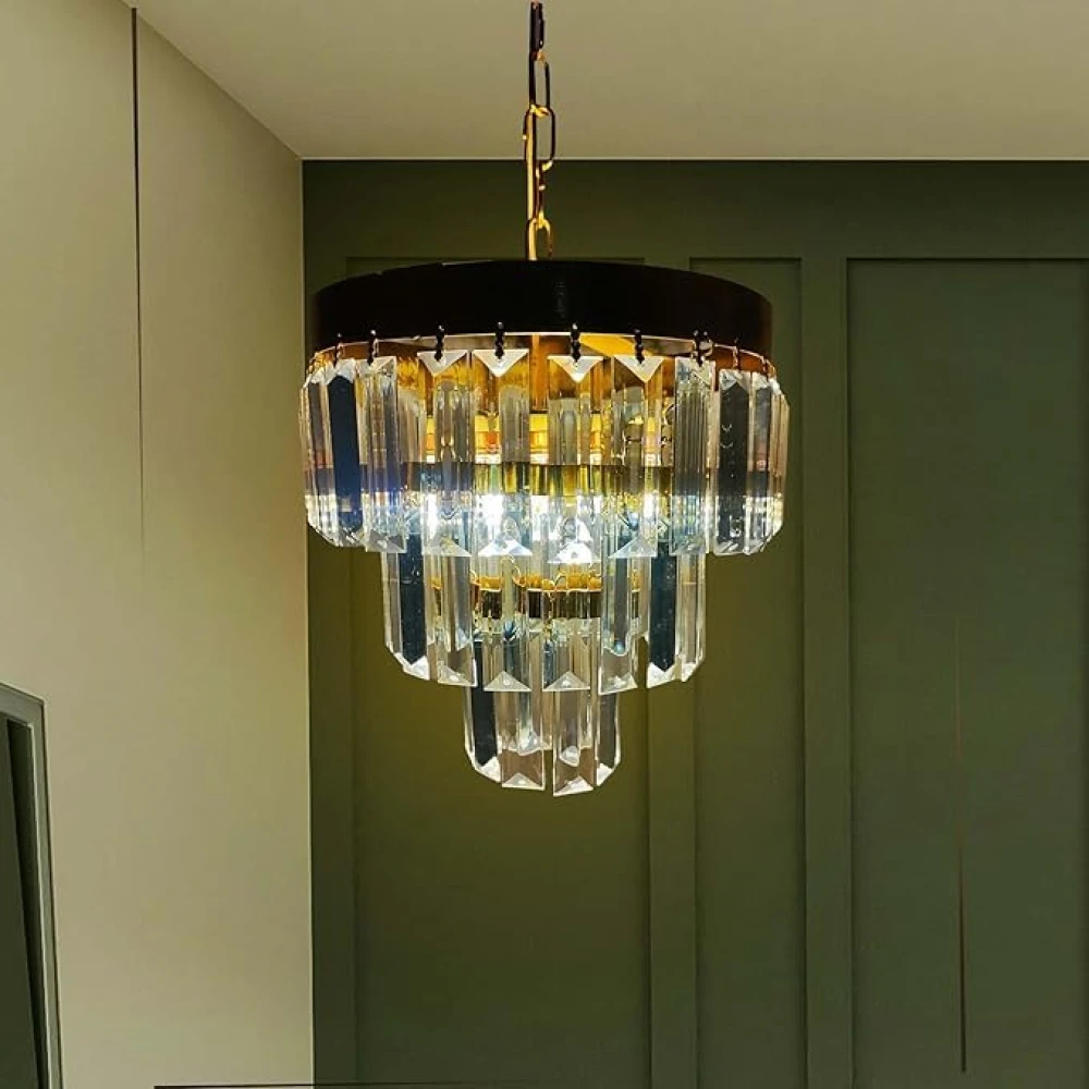 SHRI MAHAL ANTIQUES 9 Inches Round Crystal Chandelier | Jhumar for Home Decoration | Crystal Jhoomer for Ceiling | Golden | (Bulb Included)