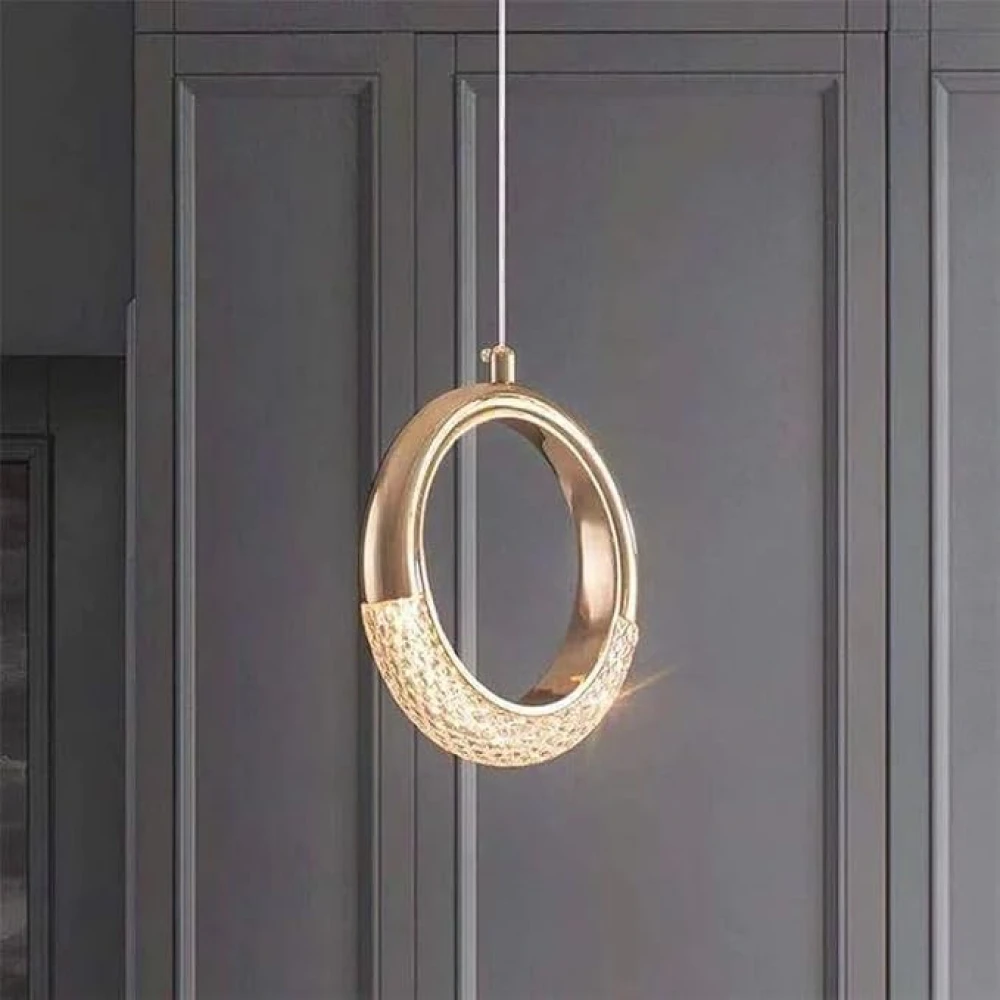 SHRI MAHAL ANTIQUES LED Acrylic Crystal Hanging 1-Light Ring Pendant Ceiling Lamp (Warm White, Golden) Pack of 1