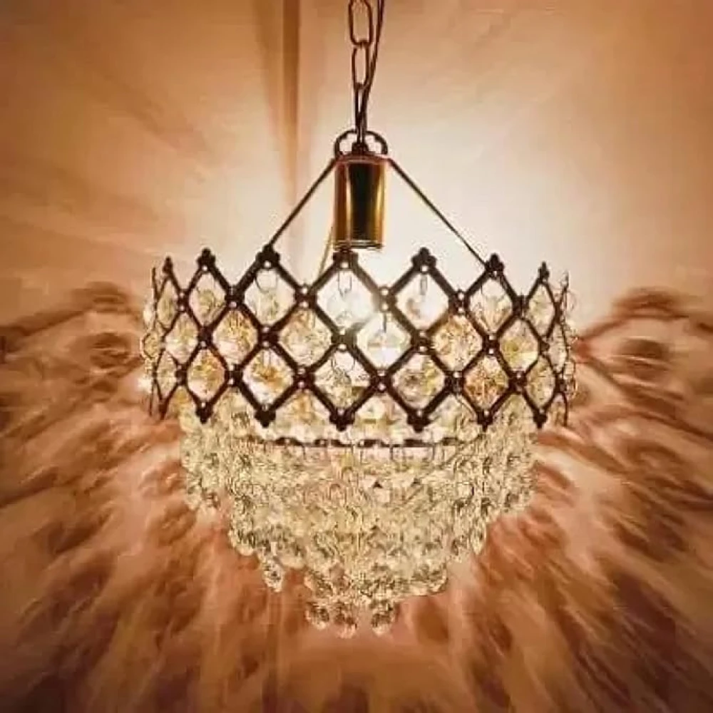 SHRI MAHAL ANTIQUES Round Crystal Chandelier Hanging Lamp (Gold) (250mm),Corded Electric