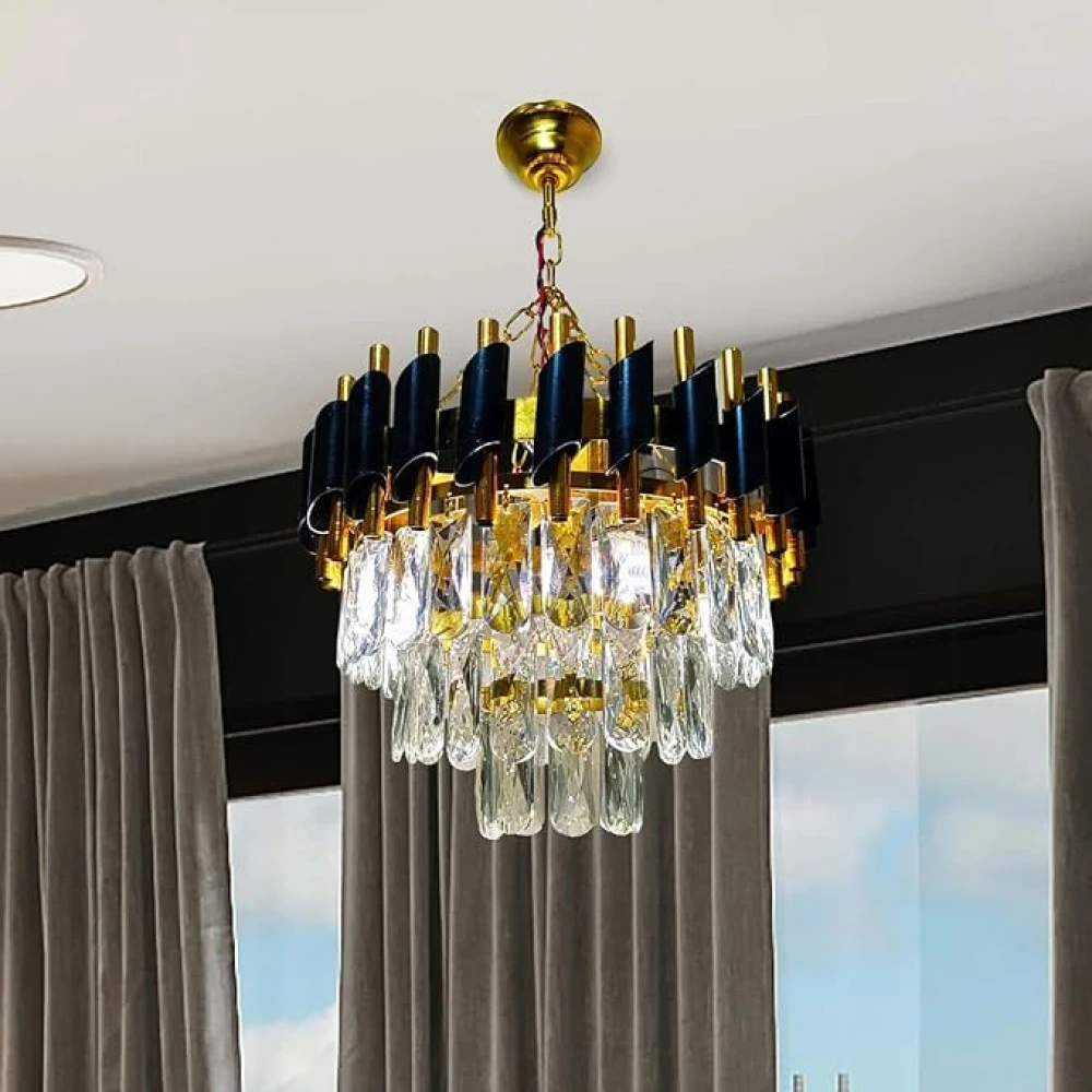 SHRI MAHAL ANTIQUES Stunning Crystal Chandelier | Jhoomer for Home Decoration | Chandelier for Home & Office | Black & Golden | (Bulbs Included)