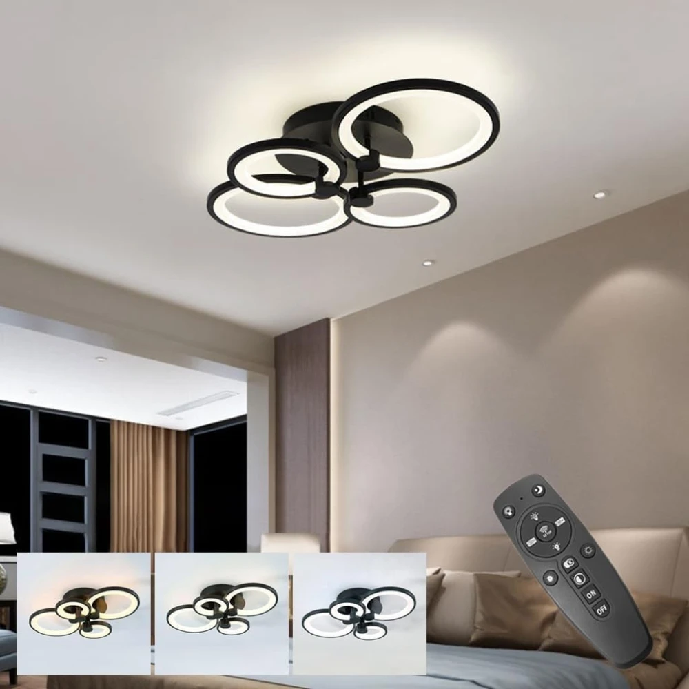 PRMOAGEN 36W Dimmable Chandelier Lights for Ceiling, 3-Color Round LED Ceiling Lights with Remote Control, Flush Mount Fancy Lights Fixture with 4 Rings for Living Room, Bedroom (2800-6000k)