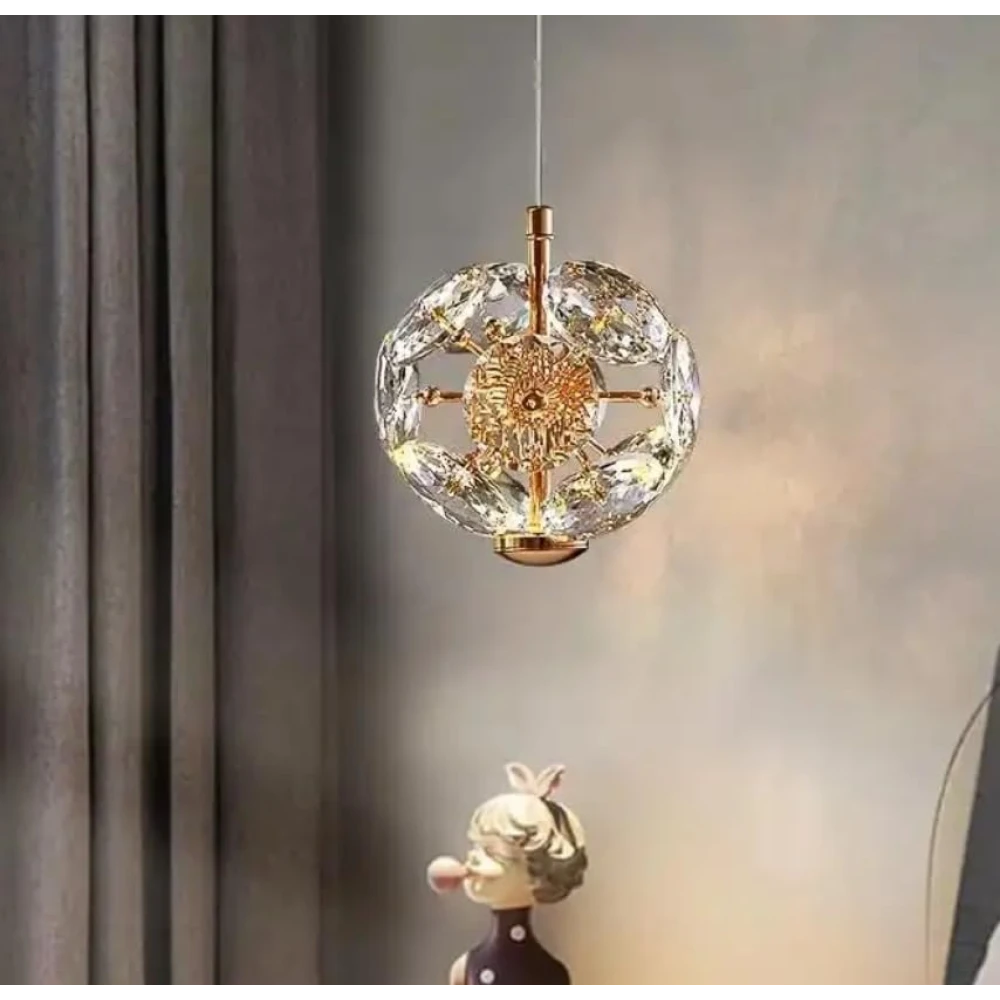 SHRI MAHAL ANTIQUES Flower Shape Round LED Crystal Chandelier Light for Living Room Bed Room Hall Pendant Lamp Ceiling Lamp (Gold, Clear