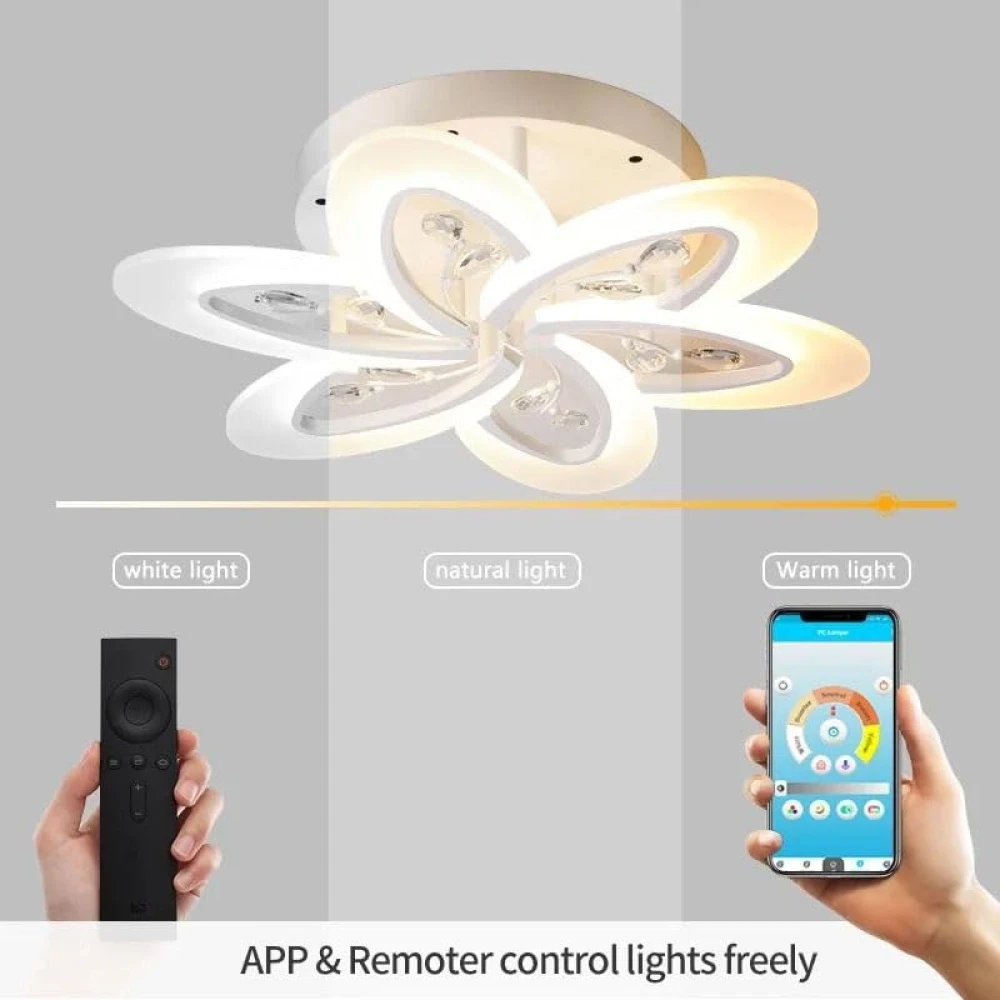PRMOAGEN White Crystal LED Chandelier (5 Petal Tricolor) with Remote Control
