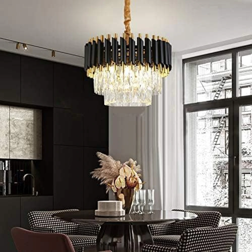 SHRI MAHAL ANTIQUES 300 MMBlackMambaChandelier with Stainless Steel Tube Crystal Chandelier Chandelier Ceiling Lamp (Gold, Black)