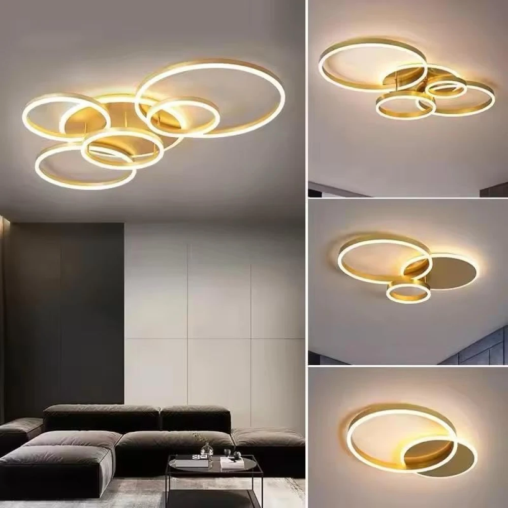 PRMOAGEN 5 Light Golden Body Modern LED Ring Chandelier for Dining Living Room Lamp - Warm White