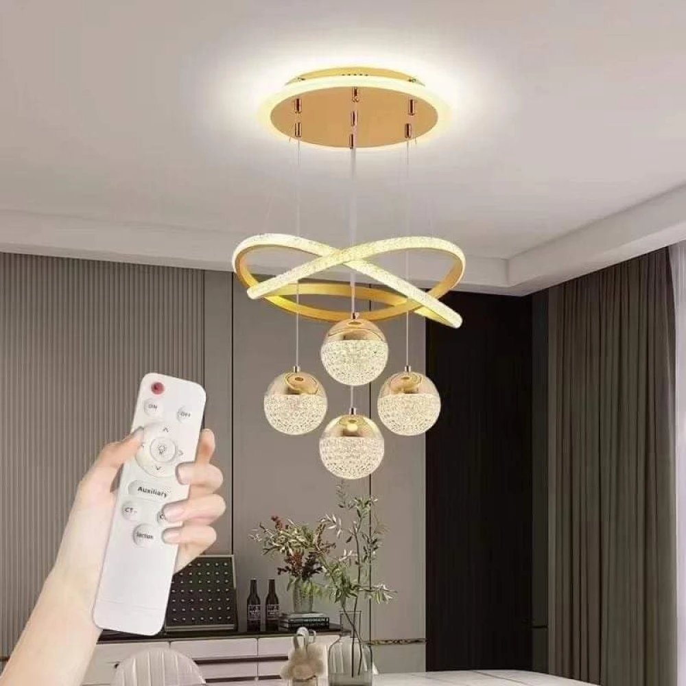 SHRI MAHAL ANTIQUES Modern Gold LED Dining Table Chandelier with Remote Dimmable Pendant Light Suitable for Kitchen Island Dining Room Living Room Modern Ceiling Light Adjustable Height Home Decor