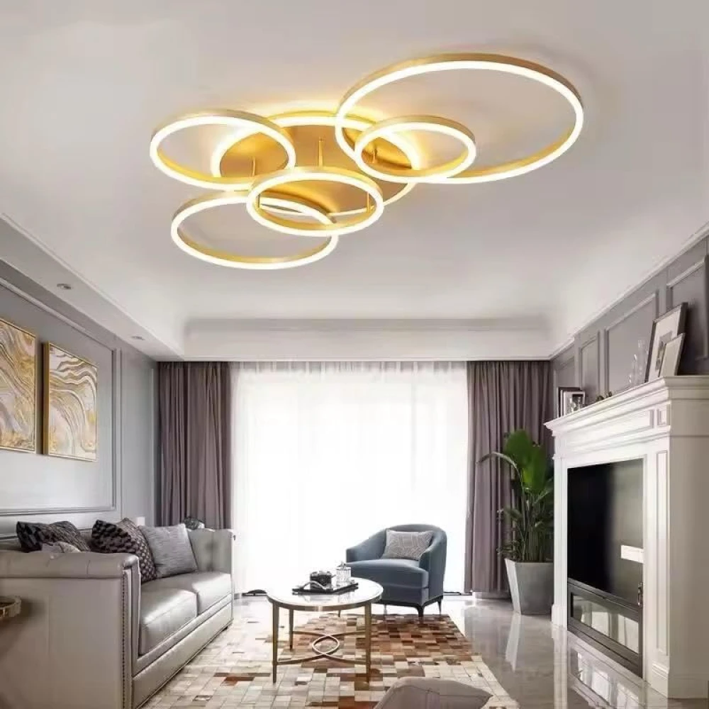 PRMOAGEN 5 Light Golden Body Modern LED Ring Chandelier for Dining Living Room Lamp - Warm White