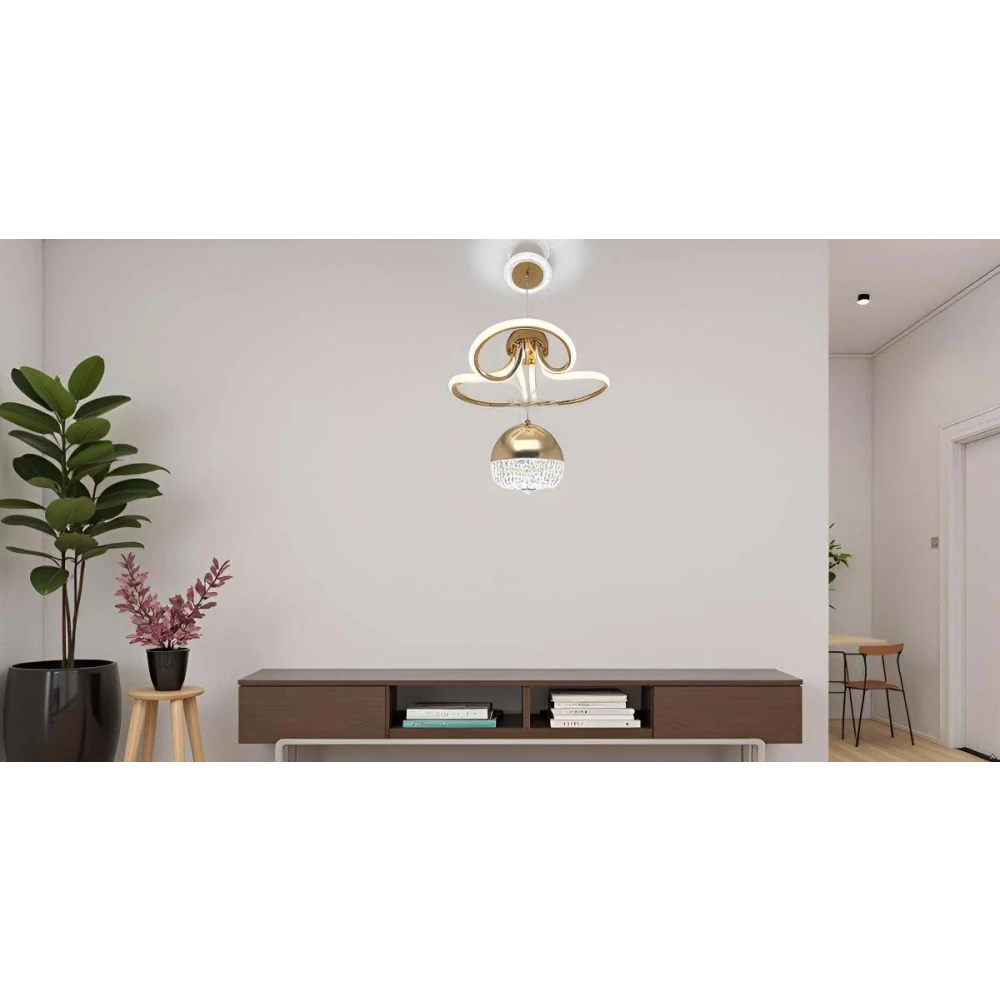 SHRI MAHAL ANTIQUES Modern LED Chandelier with Crystal Pendant - Dimmable Gold Ceiling Light Fixture for Living Room, Dining Room, Bedroom