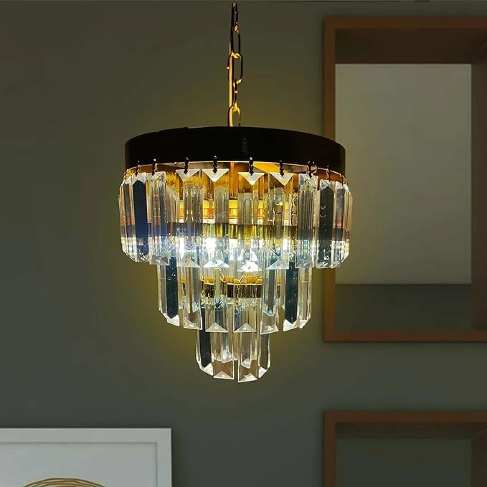 SHRI MAHAL ANTIQUES 9 Inches Round Crystal Chandelier | Jhumar for Home Decoration | Crystal Jhoomer for Ceiling | Golden | (Bulb Included)