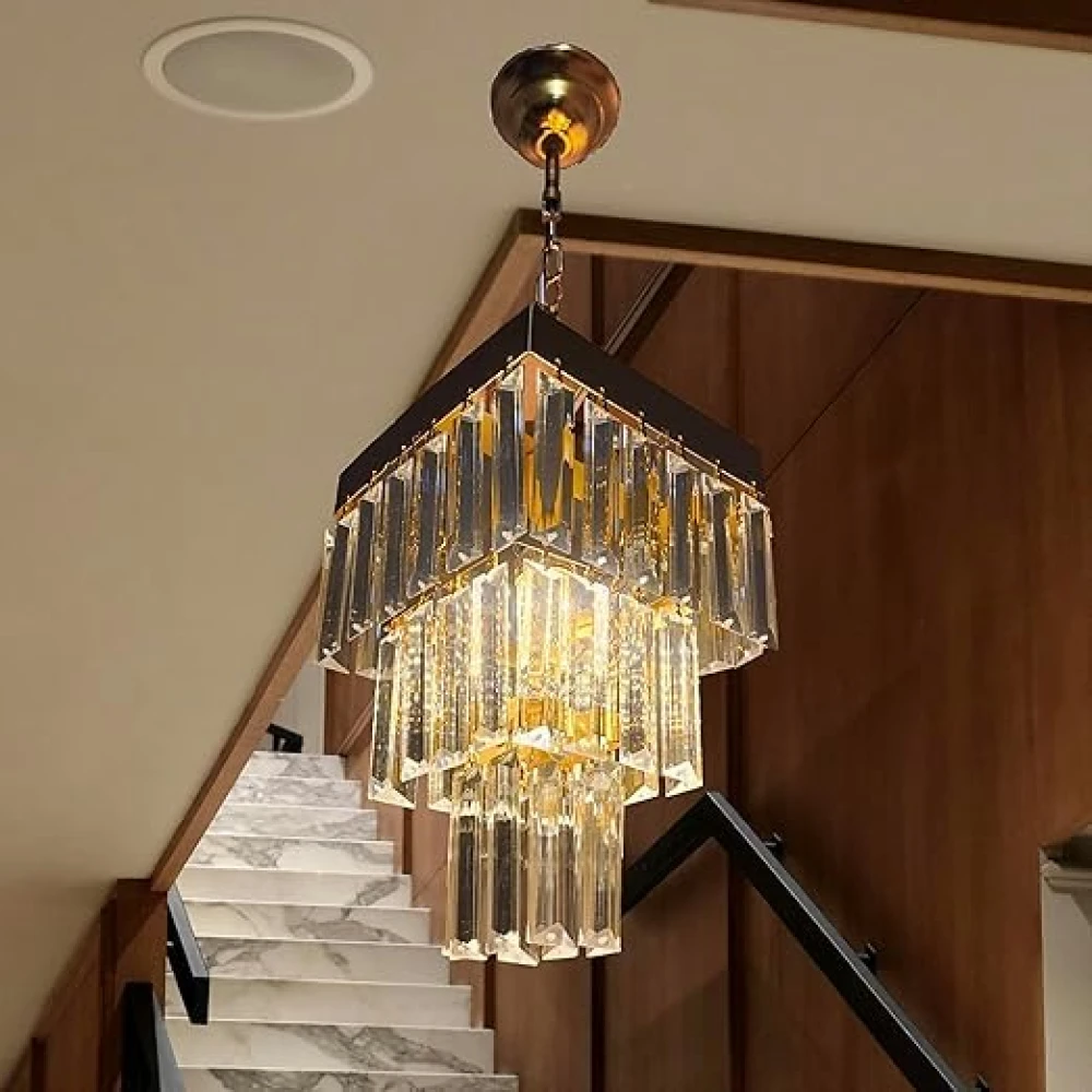 SHRI MAHAL ANTIQUES Square Shaped 9 Inches Modern Crystal Chandelier, Jhumar for Home Decoration, Chandelier for Hall/Balcony/Living Room/Bedroom, Ceiling Hanging Lights, Golden (Bulb Included)