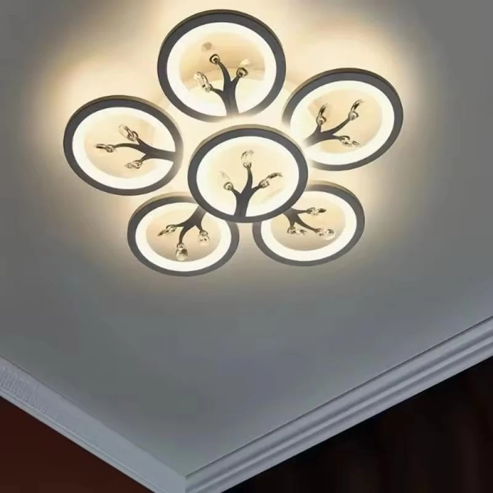 SHRI MAHAL ANTIQUES 6 Light 60-Watts White Crystal LED Chandelier Lamp - Round (5+1 Circle Warm) with Remote Control