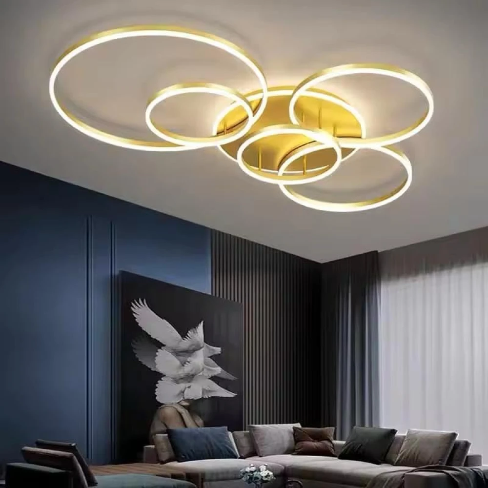 SHRI MAHAL ANTIQUES 5 Light Golden Body Modern LED Ring Chandelier for Dining Living Room Lamp - Warm White