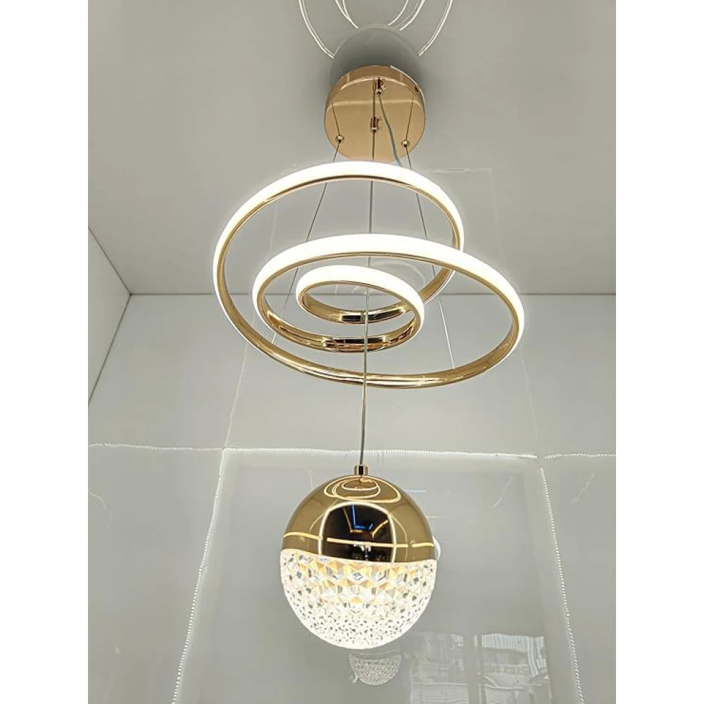 SHRI MAHAL ANTIQUES Modern LED Ceiling Pendant Light with Crystal Ball, Spiral Design Chandelier, Dimmable Hanging Lamp for Dining Room, Living Room, Bedroom, Hallway (Gold)