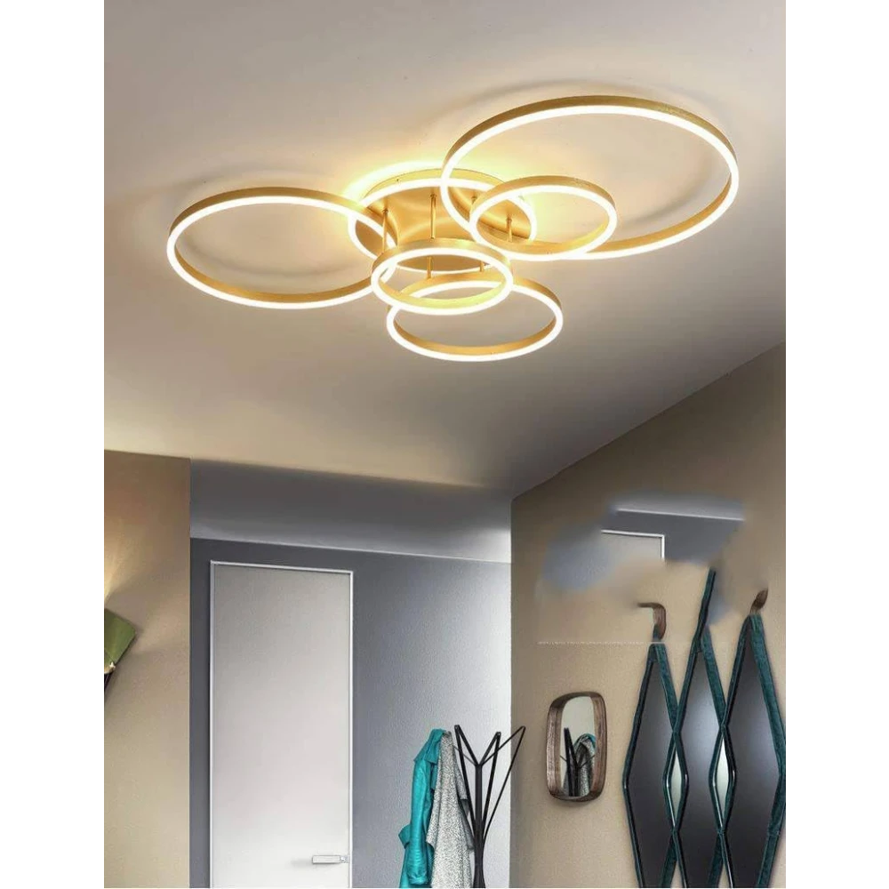 SHRI MAHAL ANTIQUES 5 Light Golden Body Modern LED Ring Chandelier for Dining Living Room Lamp - Warm White