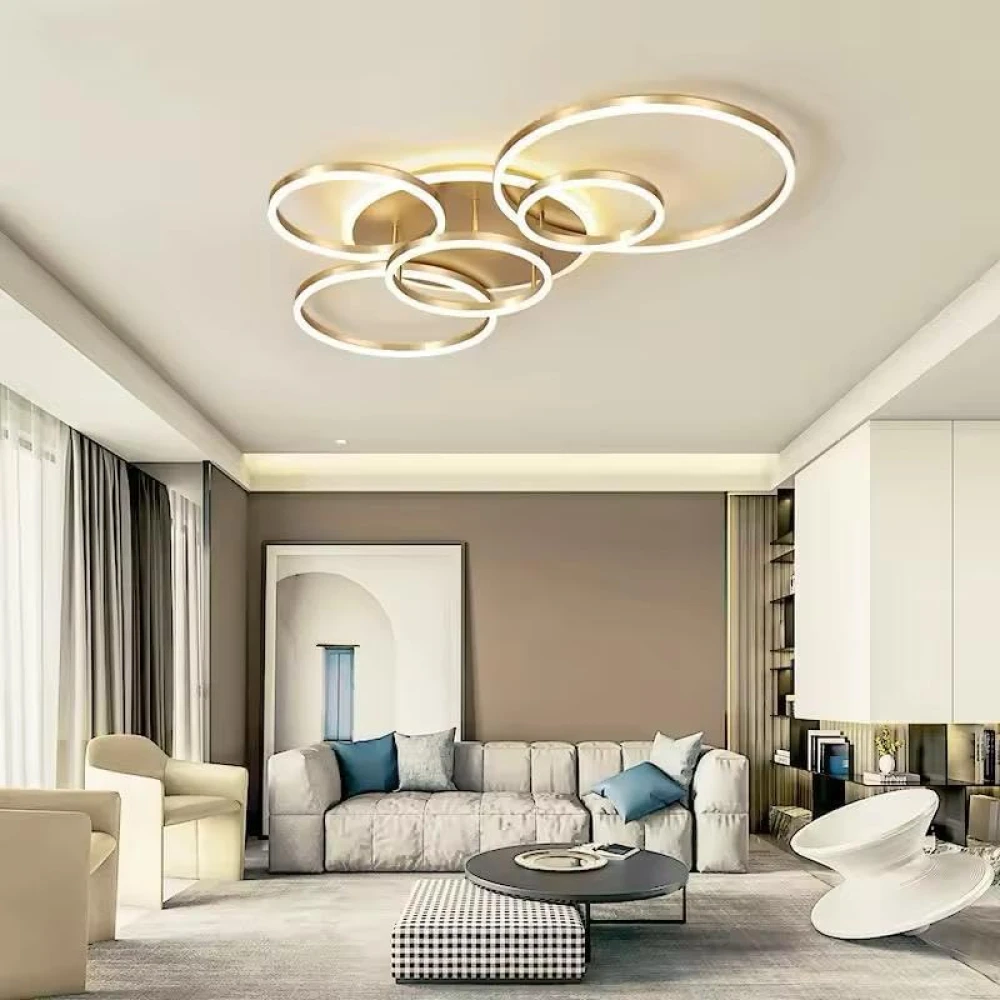 SHRI MAHAL ANTIQUES 5 Light Golden Body Modern LED Ring Chandelier for Dining Living Room Lamp - Warm White