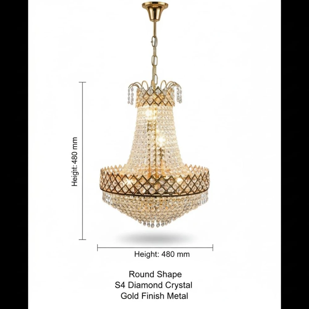 SHRI MAHAL ANTIQUES Designs Round Shape Golden Color S4 Diamond Cut White Crystal Standard Celling Pendant Lamp with E14 Bulb Inluded Gold Light Chandelier for Bedroom | Including Bulb