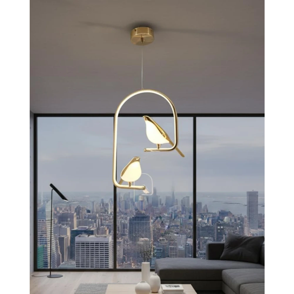 SHRI MAHAL ANTIQUES Modern Dual Bird LED Pendant Light – Elegant Gold Finish Hanging Chandelier for Living Room, Dining, Bedroom & Home Decor Lighting | Unique Artistic Ceiling Lamp Fixture