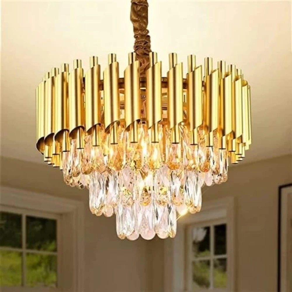 SHRI MAHAL ANTIQUES Crystal Gold Polish Metal 400mm Chandelier Hanging Ceiling Pendant jhoomer Chandelier Ceiling Lamp (Gold)