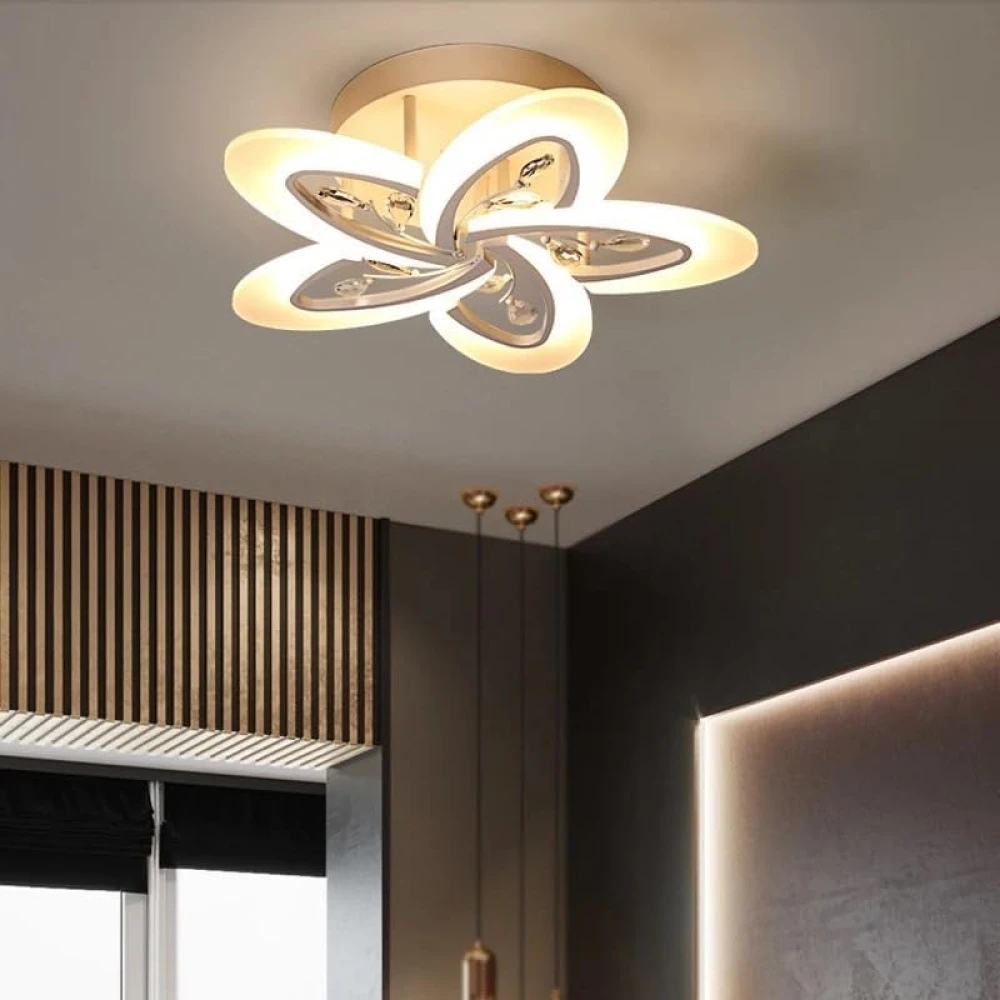 White Crystal LED Chandelier (5 Petal Tricolor) with Remote Control