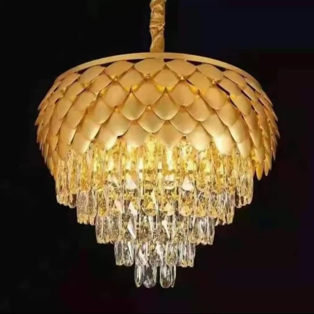 SHRI MAHAL ANTIQUES Crystal Gold Polish Metal 400mm Pineapple Chandelier Hanging Ceiling jhoomer Chandelier Ceiling Lamp