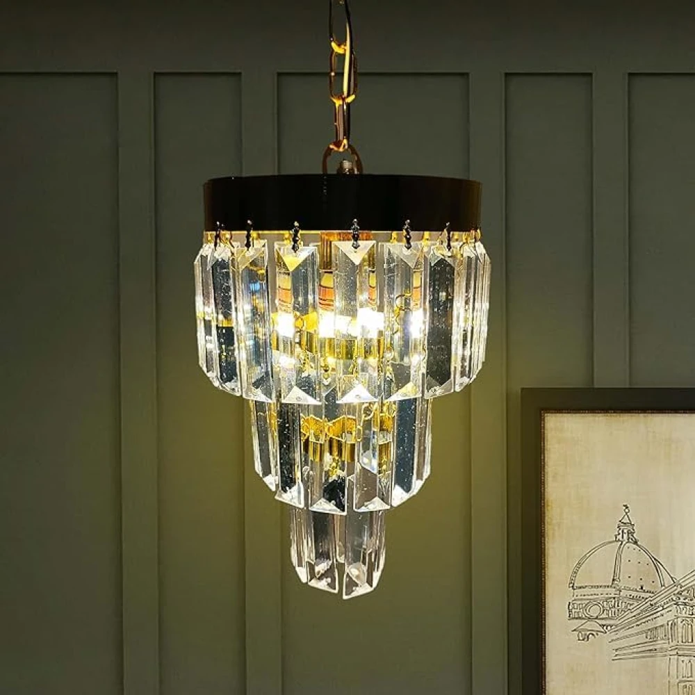 SHRI MAHAL ANTIQUES Round 160mm Crystal Chandelier for Home Decor | Jhumar for Ceiling Decoration | Golden jhoomer for Home & Office | (Bulb Included)