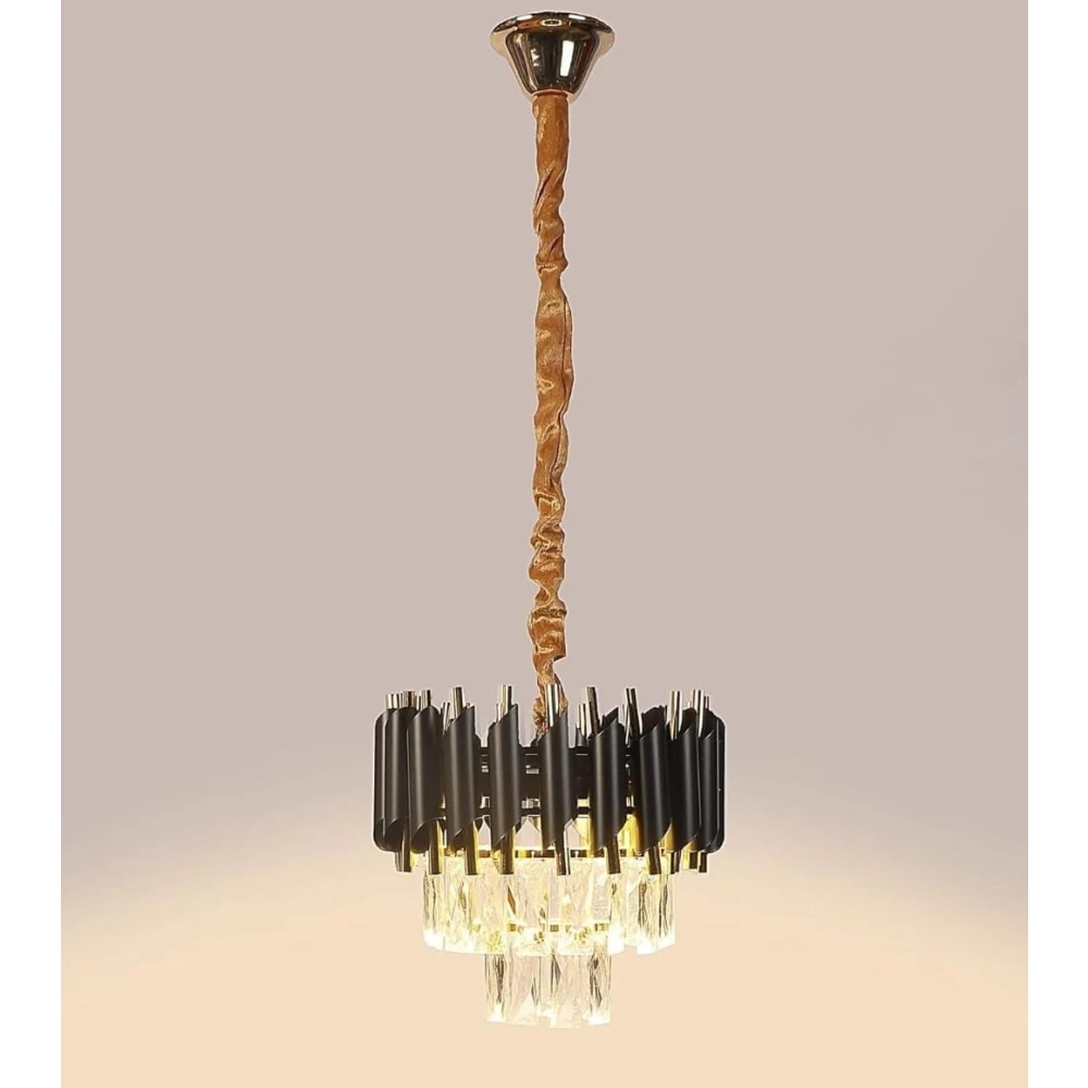 SHRI MAHAL ANTIQUES 300 MM LED Crystal Chandlier | Black & Gold Metal Body | LED Color - Cool White, Neutral White, Warm White | for Home