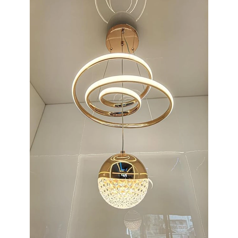 PRMOAGEN Modern LED Ceiling Pendant Light with Crystal Ball, Spiral Design Chandelier, Dimmable Hanging Lamp for Dining Room, Living Room, Bedroom, Hallway (Gold)