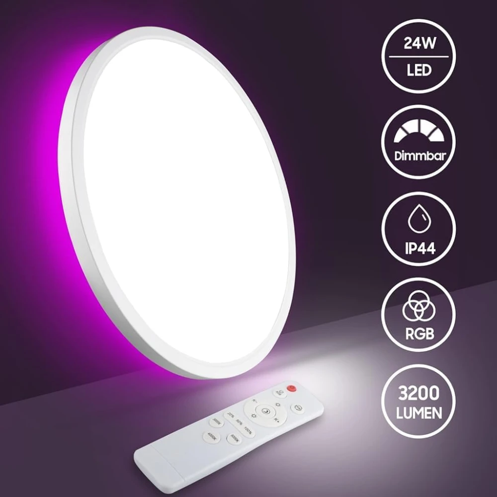 PRMOAGEN LED Ceiling Light with Remote Control, 12Inch 24W Bright 3200lm, Backlight Round Close to Ceiling Lamp Modern Ultra-Thin 3000-6500K for Bedroom Living Room- Pack of 1
