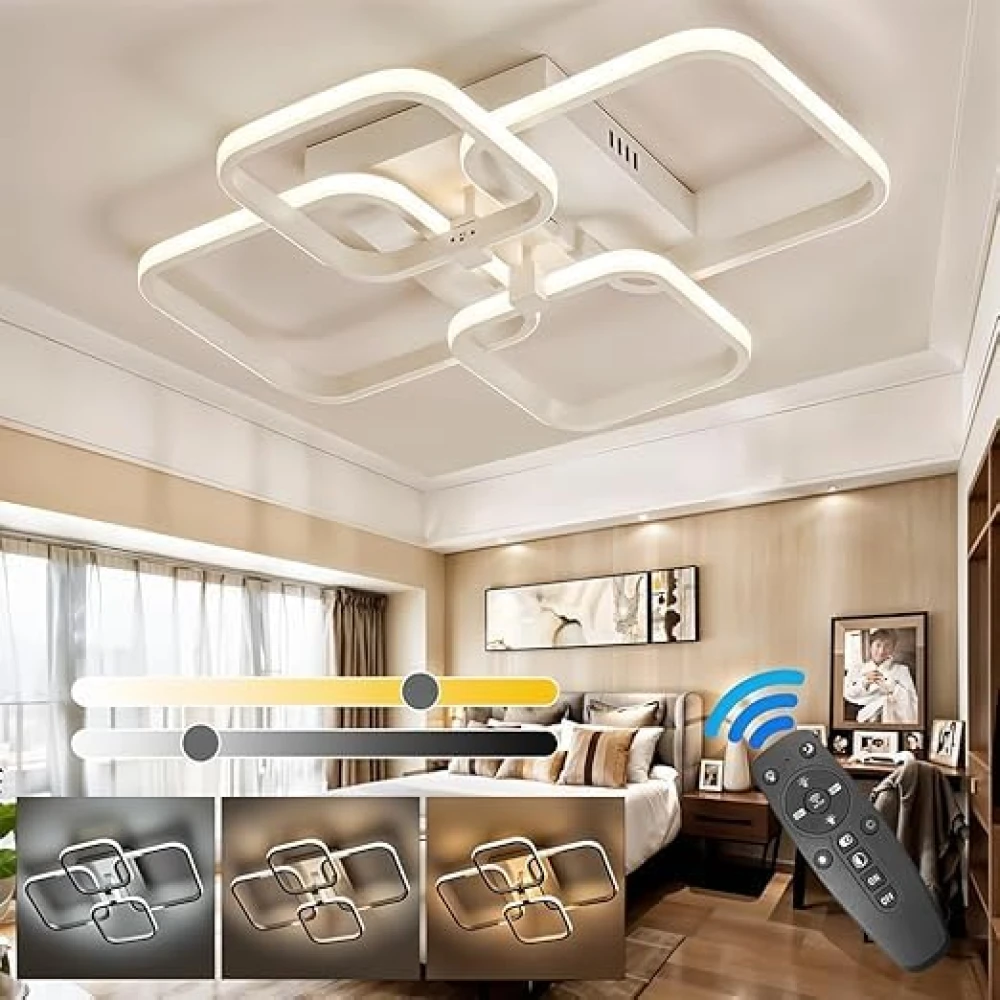 PRMOAGEN LED Ceiling Light with Remote Control, White Acrylic Modern 3-Color Ceiling Light Flush Mount for Living Room, Bedroom, 58x45x12cm