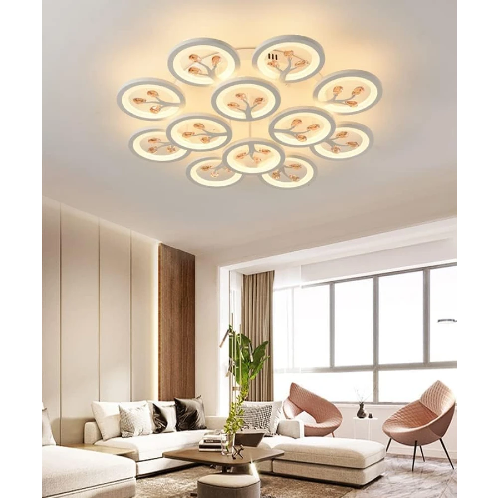 SHRI MAHAL ANTIQUES 12 Light White Body Round Crystal LED Chandelier Lamp - Warm White (Ceiling Light) with Remote Control