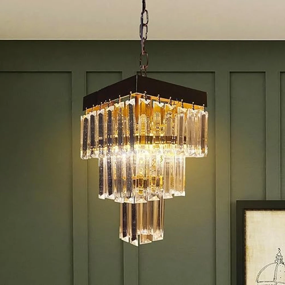SHRI MAHAL ANTIQUES Square Shaped 9 Inches Modern Crystal Chandelier, Jhumar for Home Decoration, Chandelier for Hall/Balcony/Living Room/Bedroom, Ceiling Hanging Lights, Golden (Bulb Included)