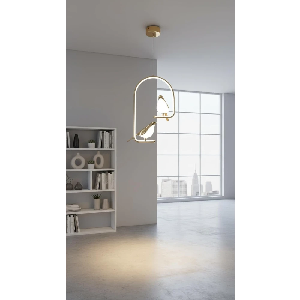 PRMOAGEN Modern Dual Bird LED Pendant Light – Elegant Gold Finish Hanging Chandelier for Living Room, Dining, Bedroom & Home Decor Lighting | Unique Artistic Ceiling Lamp Fixture