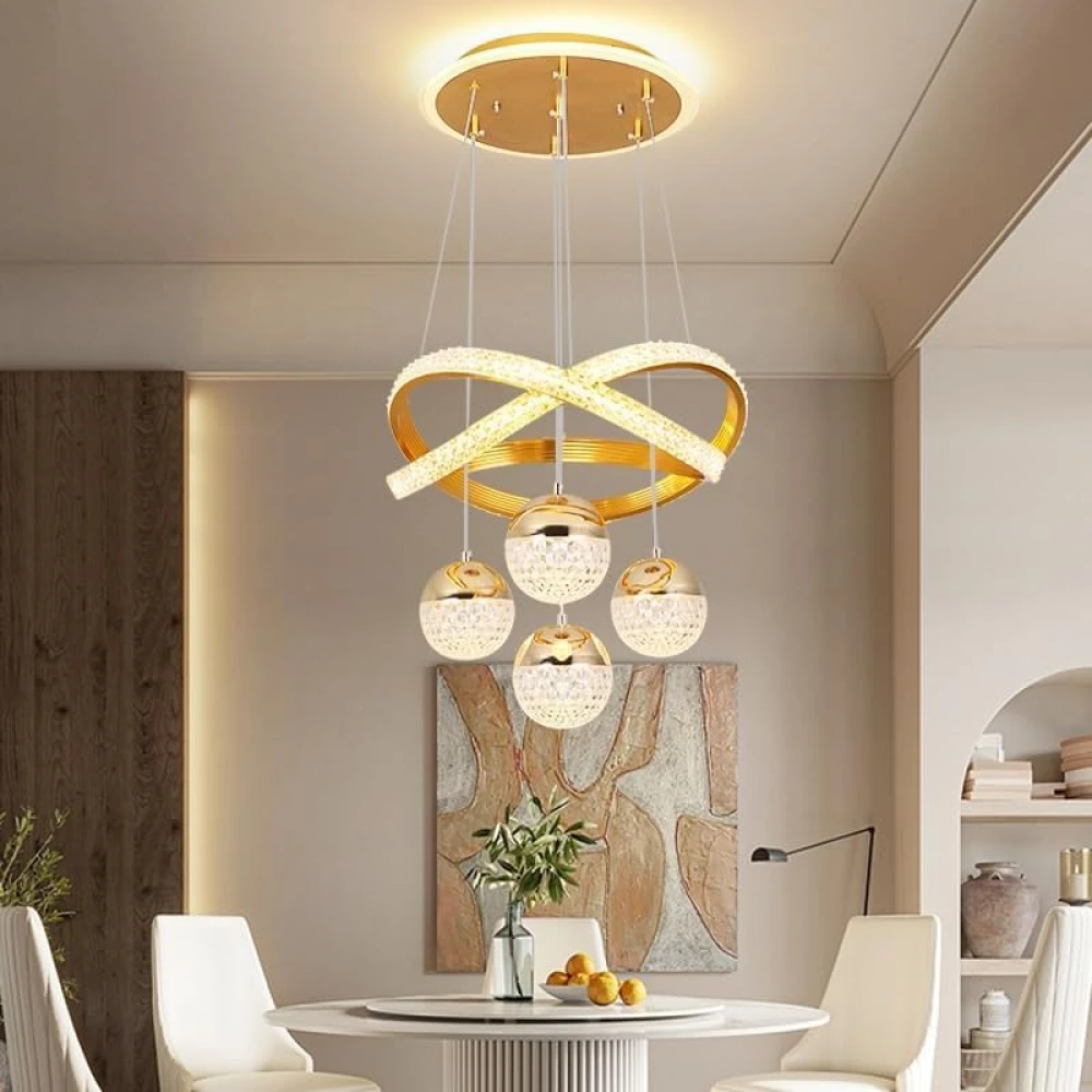 PRMOAGEN Modern Gold LED Dining Table Chandelier with Remote Dimmable Pendant Light Suitable for Kitchen Island Dining Room Living Room Modern Ceiling Light Adjustable Height Home Decor