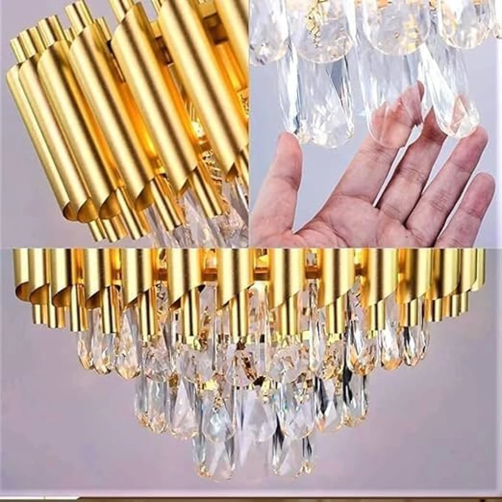 Crystal 3 Light (WW/WH/NW) Led Jhoomer Ceiling Lights Hanging for Living Room Chandelier Hanging Light for Dining Lights for Ceiling Chandelier for Home (Gold, 2-Tier, 300 MM, 12 Inch)