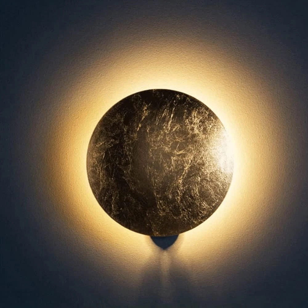 SHRI MAHAL ANTIQUES Indoor Wall Light Round Gold Copper Living Room Creative Moon Concept Solar Eclipse Wall Lamp Nordic Aisle Stairs Bedroom Bedside Sconces Hallway Corridor Lighting, 25cm