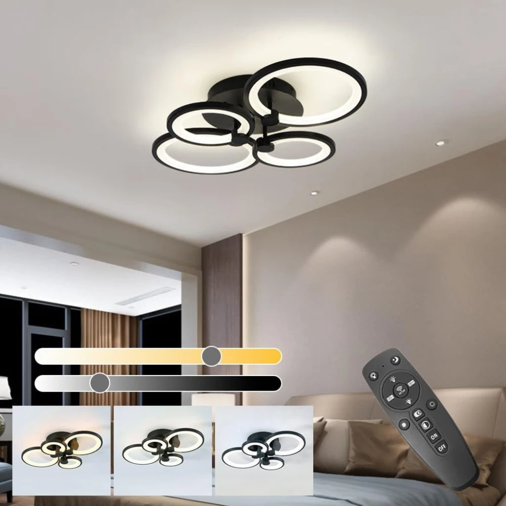 ® 36W Dimmable Chandelier Lights for Ceiling, 3-Color Round LED Ceiling Lights with Remote Control, Flush Mount Fancy Lights Fixture with 4 Rings for Living Room, Bedroom (2800-6000k)