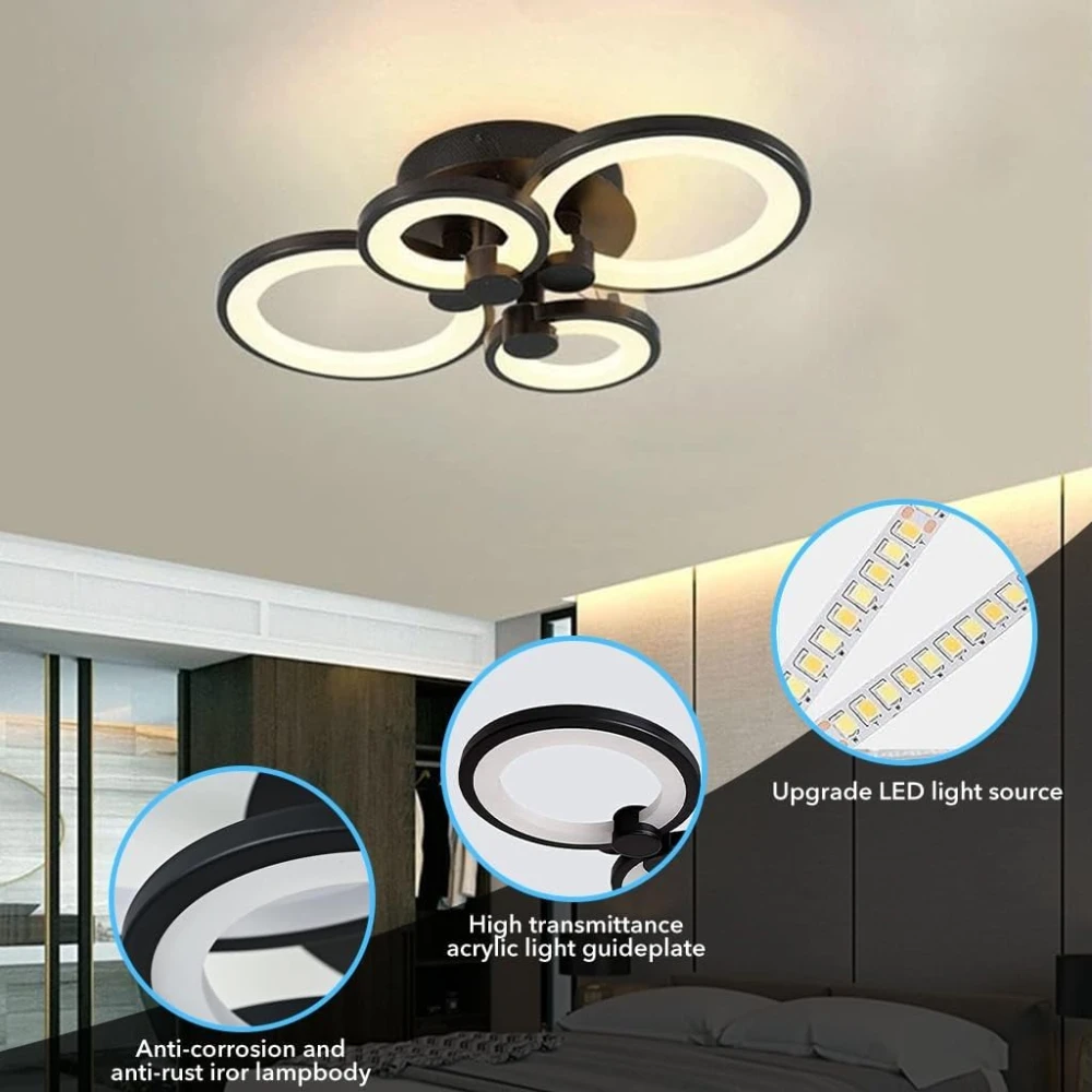 ® 36W Dimmable Chandelier Lights for Ceiling, 3-Color Round LED Ceiling Lights with Remote Control, Flush Mount Fancy Lights Fixture with 4 Rings for Living Room, Bedroom (2800-6000k)