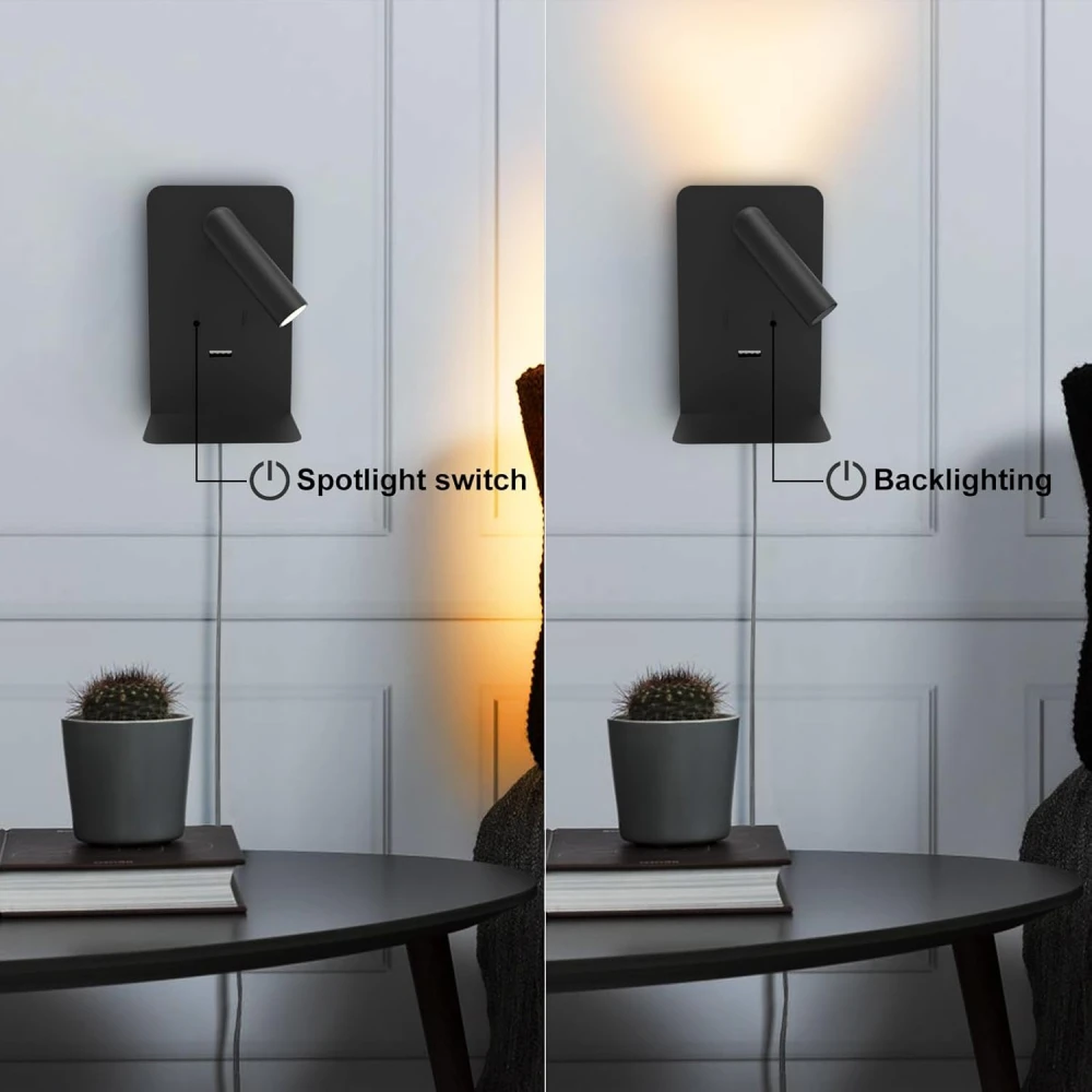 SHRI MAHAL ANTIQUES Wall Mounted Reading Lights with Shelf, LED Novelty Wall Sconce with Backlight USB 5V Phone Fast Charging Port for Bedroom Home Decor (Black)