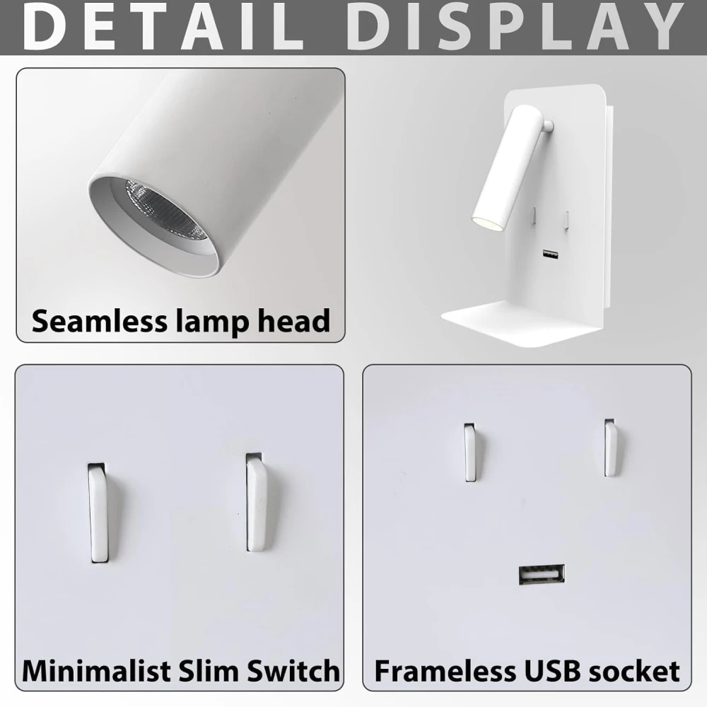 SHRI MAHAL ANTIQUES Wall Mounted Reading Lights with Shelf, LED Novelty Wall Sconce with Backlight USB 5V Phone Fast Charging Port for Bedroom Home Decor (White)