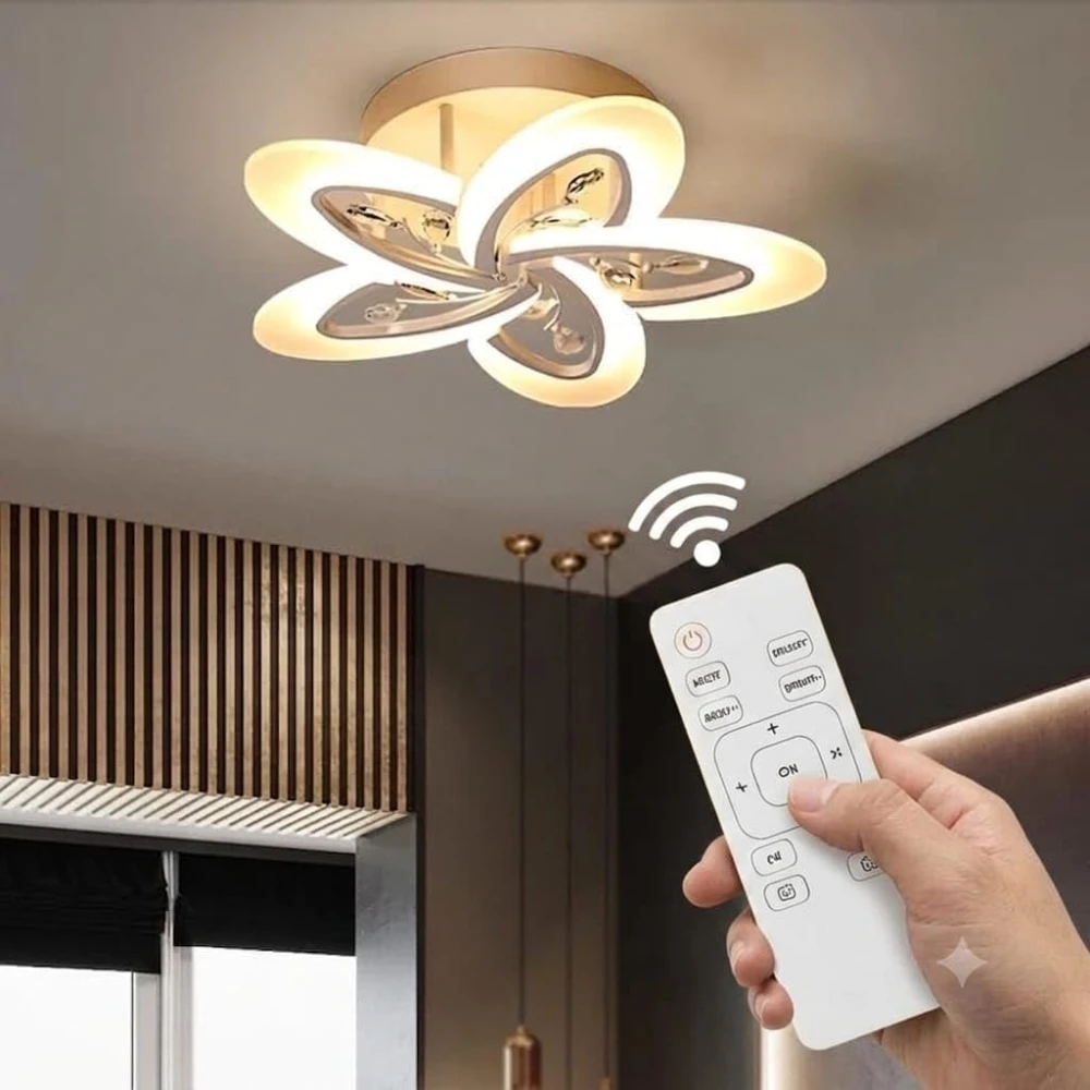 PRMOAGEN White Crystal LED Chandelier (5 Petal Tricolor) with Remote Control