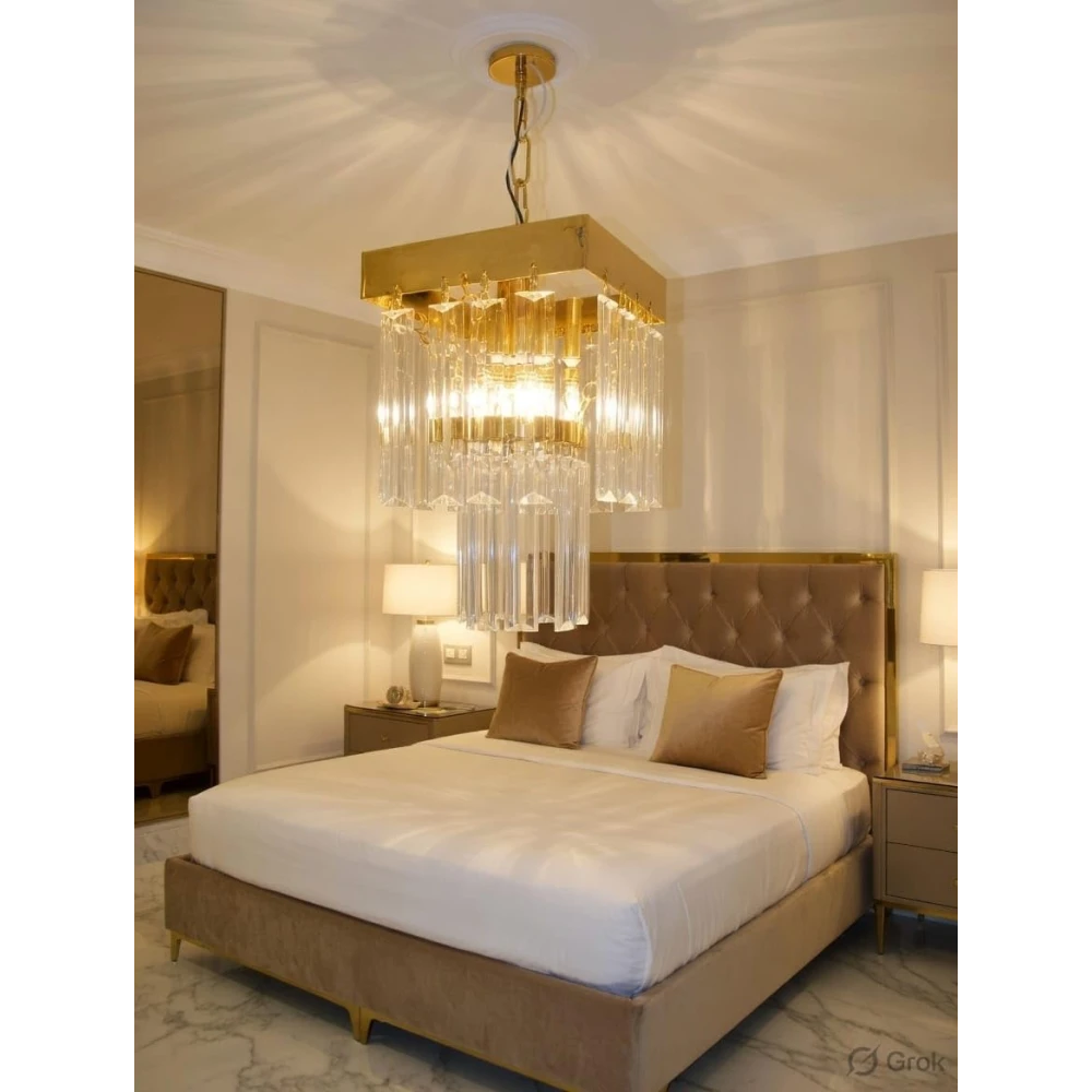 SHRI MAHAL ANTIQUES Square Shaped 6 Inches Modern Crystal Chandelier, Jhumar for Home Decoration, Chandelier for Hall/Balcony/Living Room/Bedroom, Ceiling Hanging Lights, Golden (Bulb Included)