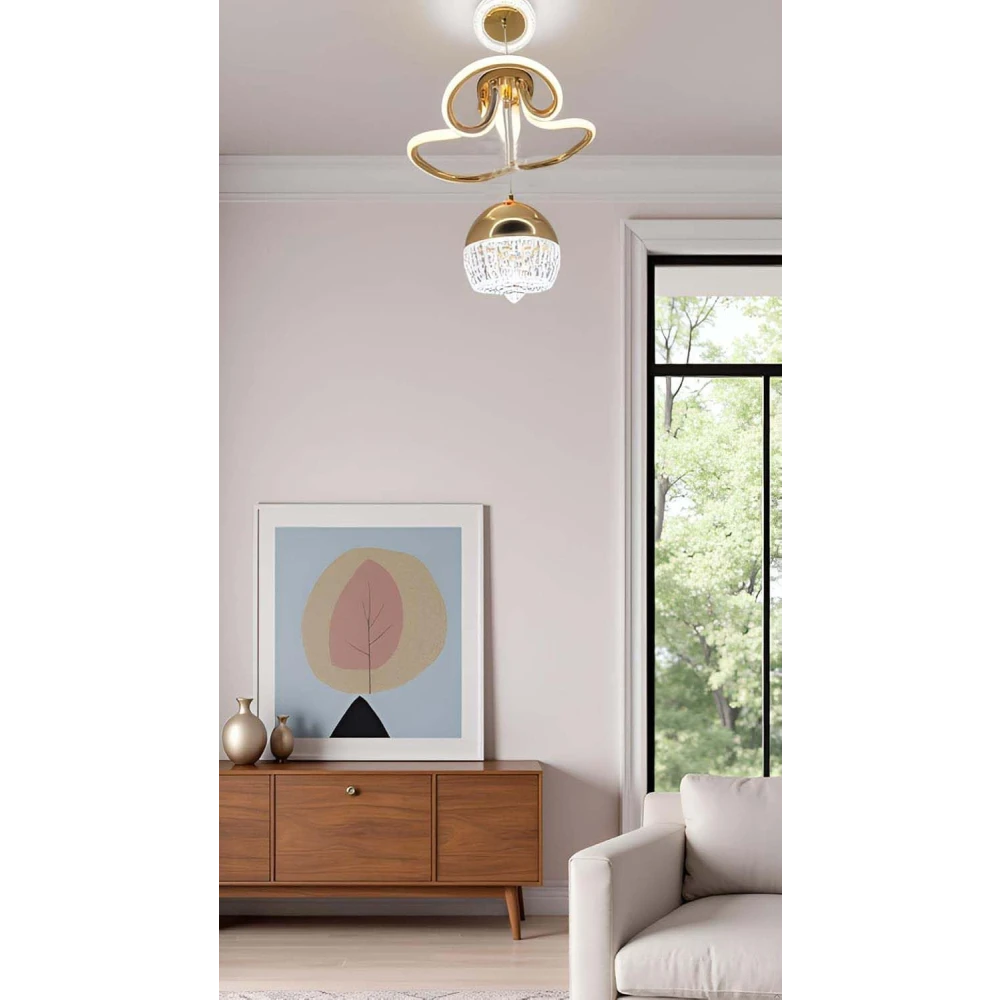 SHRI MAHAL ANTIQUES Modern LED Chandelier with Crystal Pendant - Dimmable Gold Ceiling Light Fixture for Living Room, Dining Room, Bedroom