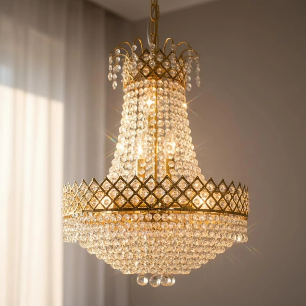 SHRI MAHAL ANTIQUES Designs Round Shape Golden Color S4 Diamond Cut White Crystal Standard Celling Pendant Lamp with E14 Bulb Inluded Gold Light Chandelier for Bedroom | Including Bulb