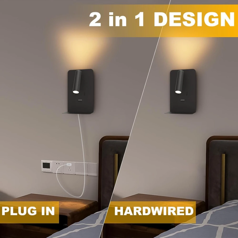 PRMOAGEN Wall Mounted Reading Lights with Shelf, LED Novelty Wall Sconce with Backlight USB 5V Phone Fast Charging Port for Bedroom Home Decor (Black)