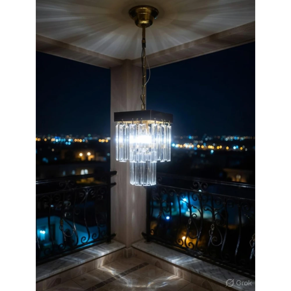 SHRI MAHAL ANTIQUES Square Shaped 6 Inches Modern Crystal Chandelier, Jhumar for Home Decoration, Chandelier for Hall/Balcony/Living Room/Bedroom, Ceiling Hanging Lights, Golden (Bulb Included)