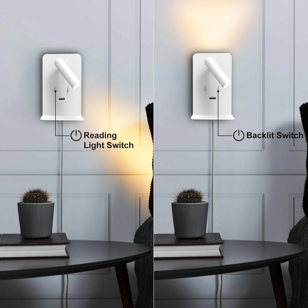 SHRI MAHAL ANTIQUES Wall Mounted Reading Lights with Shelf, LED Novelty Wall Sconce with Backlight USB 5V Phone Fast Charging Port for Bedroom Home Decor (White)