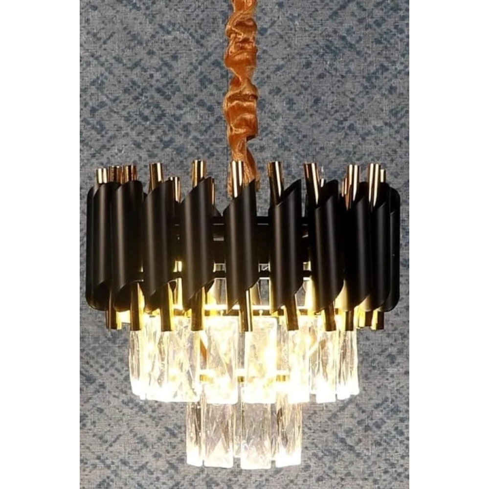 SHRI MAHAL ANTIQUES 300 MM LED Crystal Chandlier | Black & Gold Metal Body | LED Color - Cool White, Neutral White, Warm White | for Home